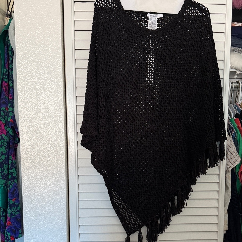 Chico's Black Knit Poncho with Fringe